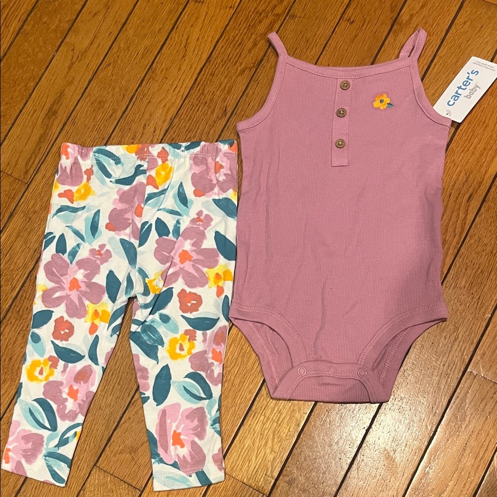 NWT Carter's Baby Mauve Ribbed Tank Bodysuit & Floral Leggings Set